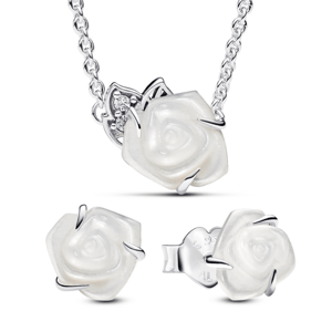 PANDORA set náhrdelník a náušnice White Rose 393206C01-45+293209C01